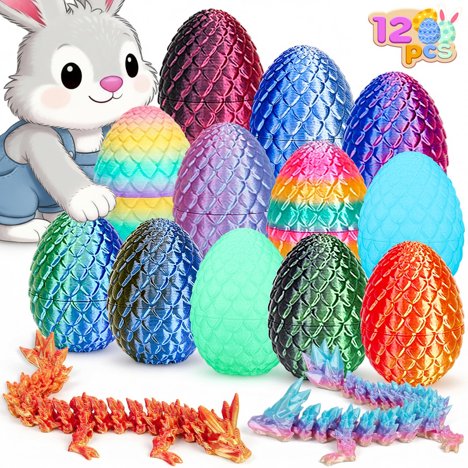 12PCS 3D Printed Dragon, Easter Dragon Eggs, Mystery Dragons Egg Fidget Toy, Easter Basket Stuffers 3D Printed Animals Set