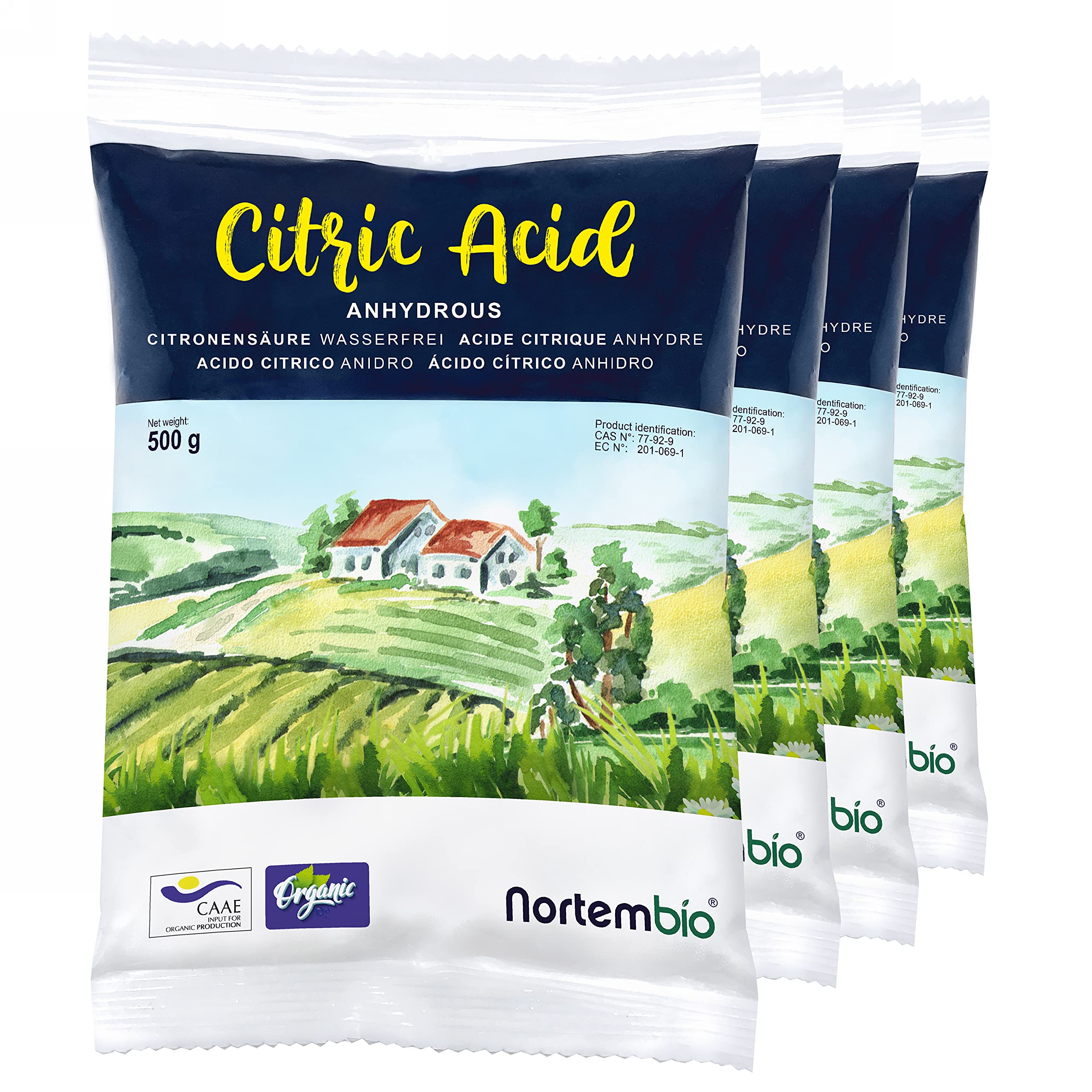 Nortembio Organic Citric Acid 4 x 500g – 100% Pure Anhydrous Concentrated Powder – Certified for Organic Production – Natural Multi-Purpose Household Cleaner – Free eBook Included