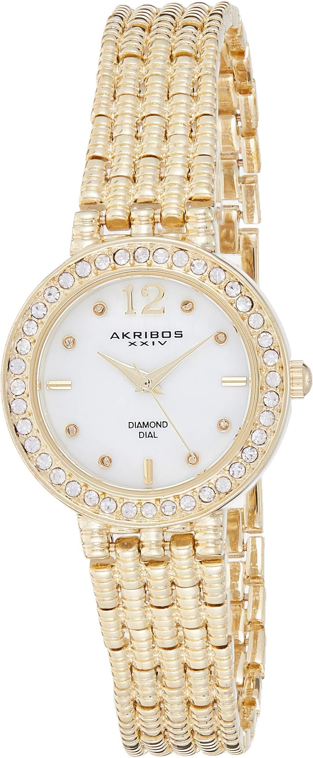 Akribos XXIV Women's AK757 Lady Diamond Gold-Tone Watch Gold-Tone Watch Featuring Textured Bracelet and Diamond Markers On Mother-of-Pearl Dial