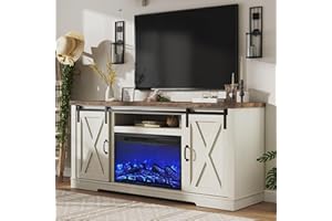 AMERLIFE Fireplace TV Stand with Sliding Barn Door for TVs up to 73", Farmhouse 63" Fireplace Entertainment Center with Storage Cabinets/Adjustable Shelves, Distressed White & Barnwood