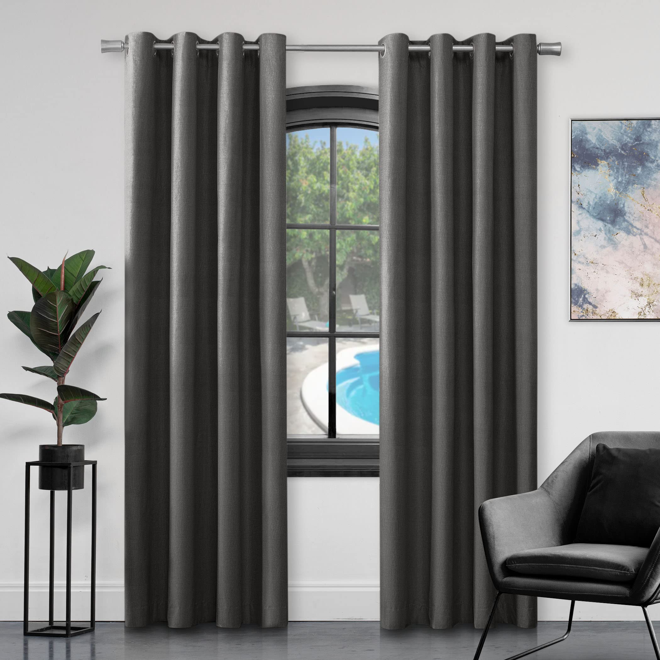 GC GAVENO CAVAILIA Faux Silk Eyelet Curtains Fully Lined Ring Top Curtain Pair With Tie Backs, Charcoal, 90X108 Inch, 654674