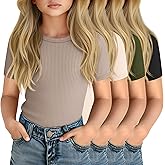 LessonZoo 4 Pcs Girls Short Sleeve Ribbed Knit Shirts Crew Neck Tops Slim Basic Solid Casual Cute Tees Size 5-14