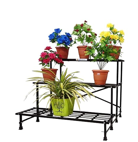AKURA,3-Step Metal Gardening Stand/Planter Stand for Indoor &Outdoor Plant Pots(Steel Tube: 25 x 25 mm;Size:W-100cm x D-85cm x H-77.5cm; Colour-Black)
