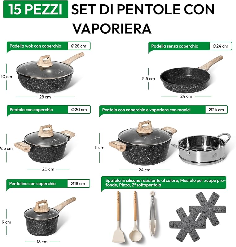 JUST PERFECTO Batteria Pentole e Padelle a Induzione, Set Padelle Antiaderenti Per tutti i piani cottura, Batteria di pentole antiaderente 24/28cm con Coperchi, set pentole induzione senza pfoa e ptfe
