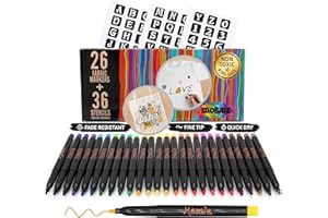Mosaiz Fabric Markers Set of 26 colors, Fabric Pens Permanent, Canvas Markers Fabric Paint Pens, Fabric Crayons for Fabric Decorating, With Gold and Silver Shirt Paint and 36 Letter Stencils