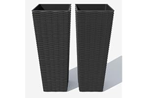 All-Weather Black Rattan Planter Set of 2, Two 32" Tall Outdoor Plant Pots, Removable Liners, Drainage Holes, Garden Flower P