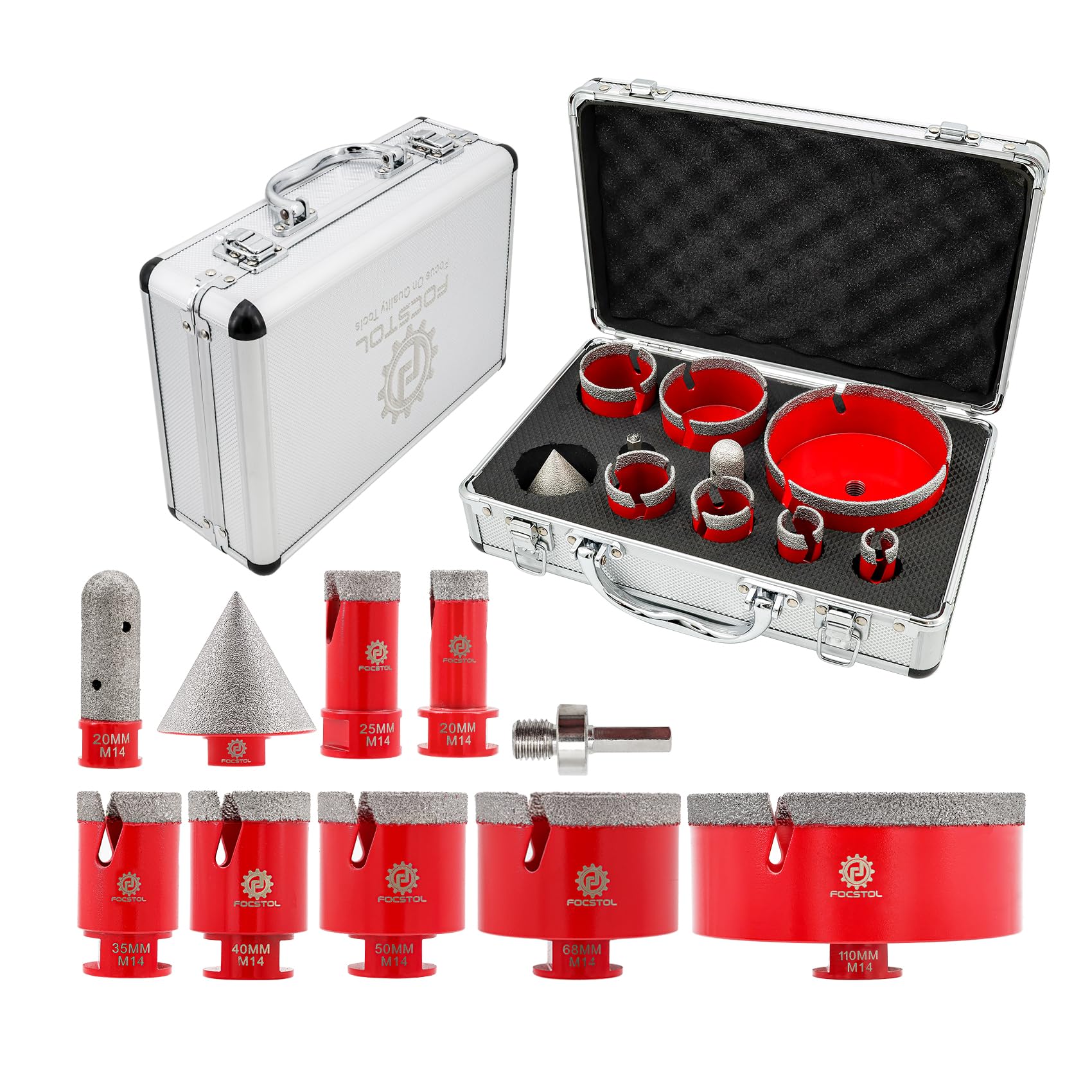 Diamond Core Drill Bit Set - FOCSTOL 10pcs Diamond Hole Saw Kit for Porcelain Tile Ceramic Marble Granite (20/25/35/40/50/68/110mm+20mm Finger Milling Bit+50mm Beveling Chamfer Bit+Hex)