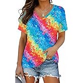 Womens Tie Dye Shirts Butterfly Color Gradient Print V Neck Tshirt Summer Casual Rainbow Short Sleeve Tee Tops