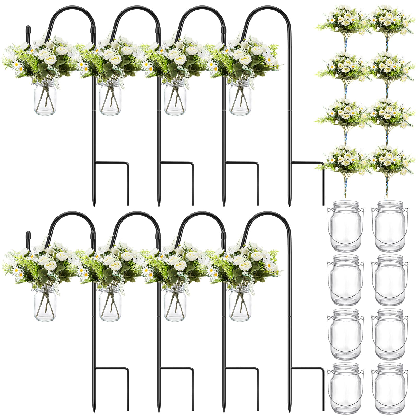 Photo 1 of Thiccywoov 8 Sets Wedding Aisle Decoration Include 16 oz Rose Daisy Hanging Mason Jar 32 Shepherds Hooks Rustic Mason Jar with Faux Rose and Daisy for Outdoor Wedding Isle Ceremony Decorations