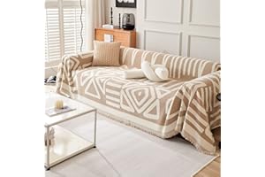 DREAMINGO Beige Khaki Couch Cover for 3 Cushion Couch Sofa Boho Geometric Couch Cover Blanket Reversible Chenille Sofa Covers Pet Furniture Protector Couch Slipcover for Dog Cat, 91"x134"