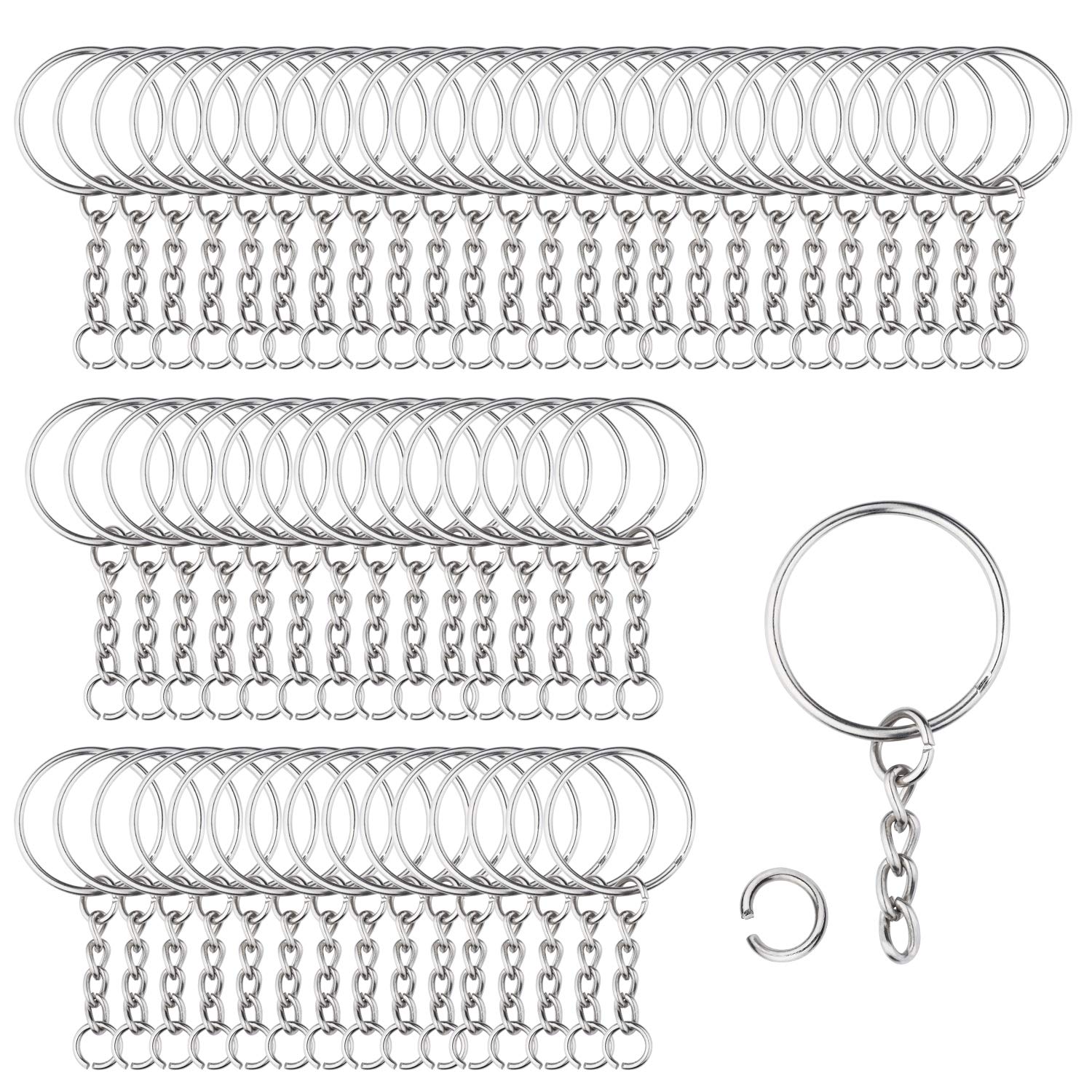 100 Pieces Metal Split Key Rings with Chain and Open Jump Rings, 1" Diameter Split Key Chain Rings for DIY Crafts, Keys, Pendant, Jewelry Making(Silber)