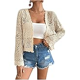 BEAUDRM Women's Hollow Out Crochet Cardigan Sweater Boho Lace Scallop Button Down Crop Top Long Sleeve Knit Outerwear