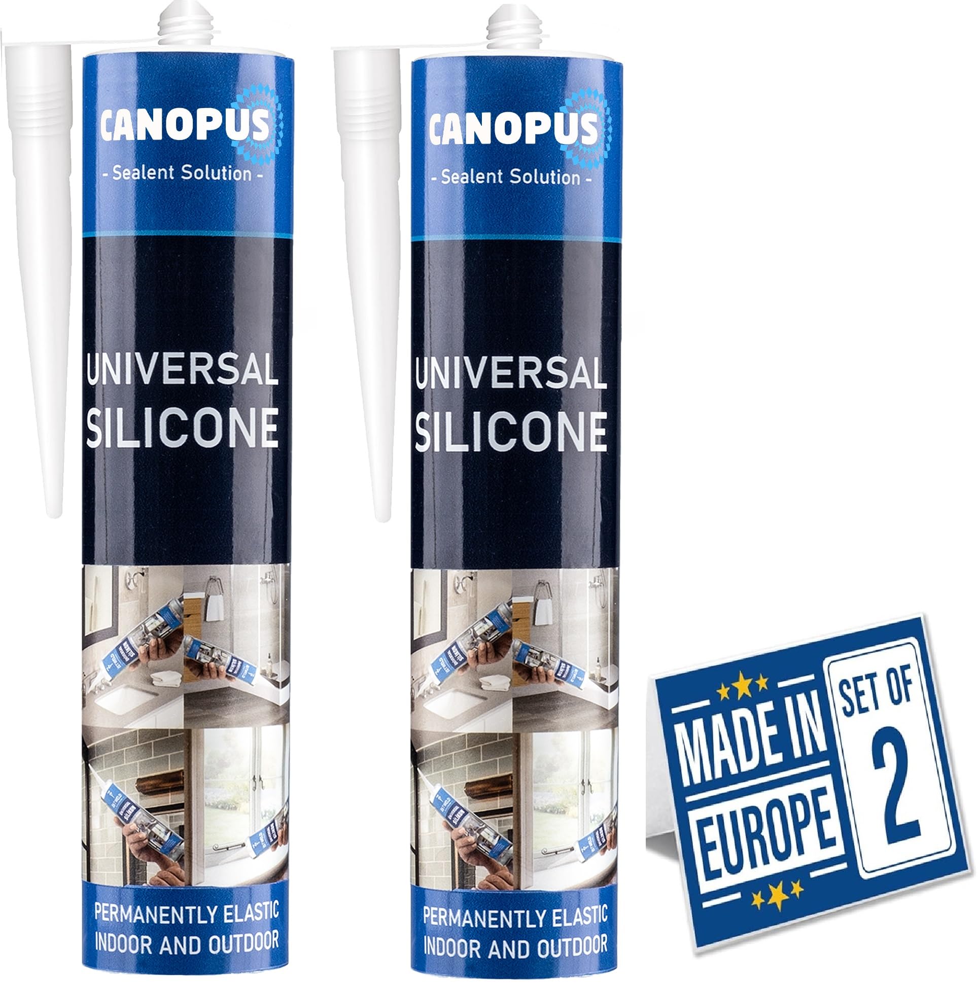 CANOPUS Universal Silicone - Clear, Pack of 2 Waterproof Kitchen & Bathroom Acetoxy Silicone Sealant Clear Anti Mould, Suitable for Indoor and Outdoor waterproofing, Anti Fungal Shower Sealant