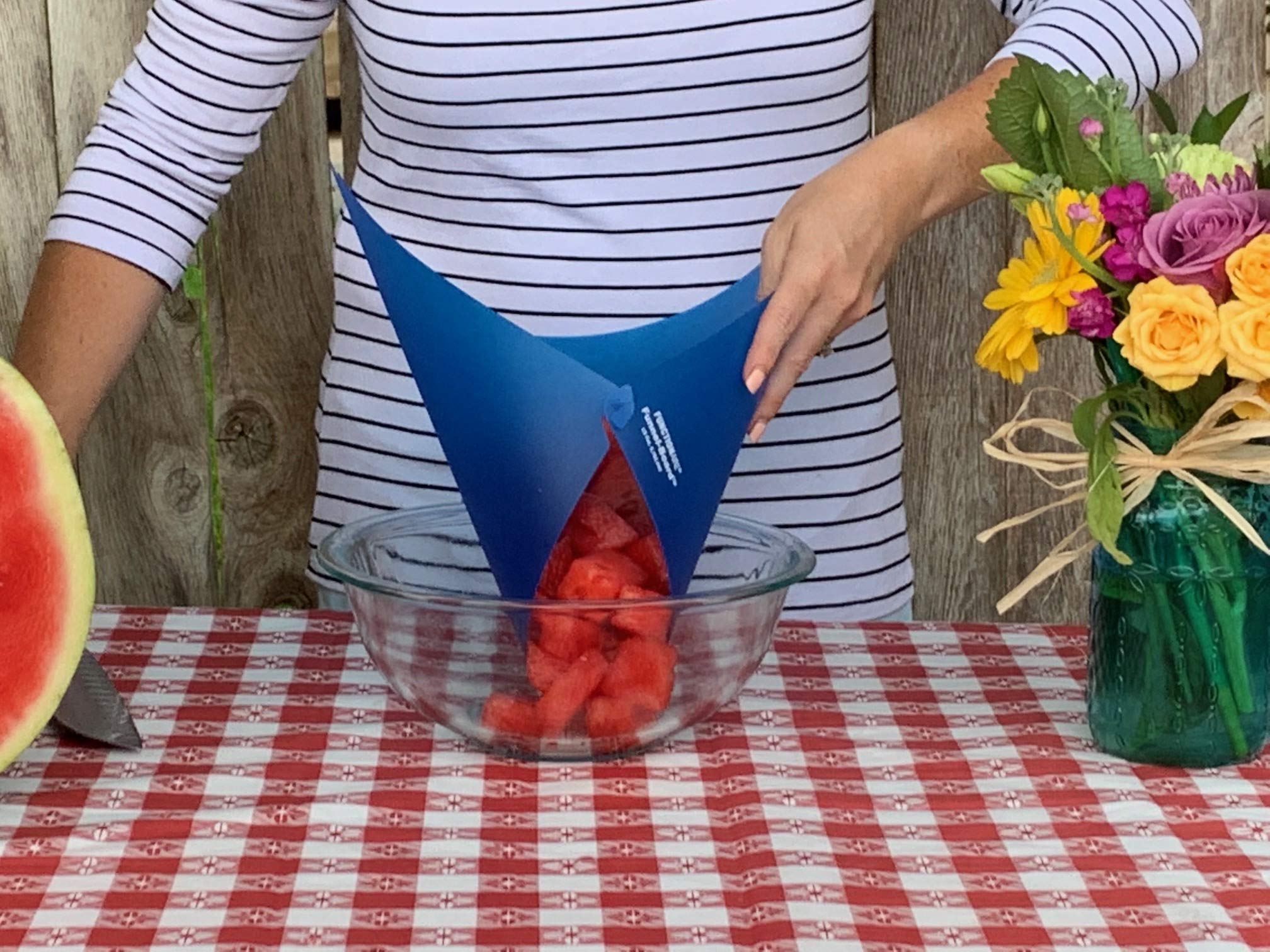 FUNCTIONAIRE Funnel-Board Kit – 4 Cutting Boards that convert to a funnel or scoop. Includes EZ Mount Storage Holder that mounts inside cabinet doors (no screws required). Watch demo video.