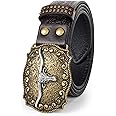 Bawnhaw Western Cowboy-Belts for Men Big-Buckle Longhorn-Bull PU-Leather Rodeo Cowgirl-Belt Engraved Floral - Waist 25-38"