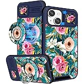 Buleens for iPhone 14 Case 6.1 Inch - with Ring Stand & Camera Cover Aesthetic Cute Designed for Women Girls Girly Pretty Lake Blue Flowers for Phone Case for iPhone 14 Compatible with Magsafe