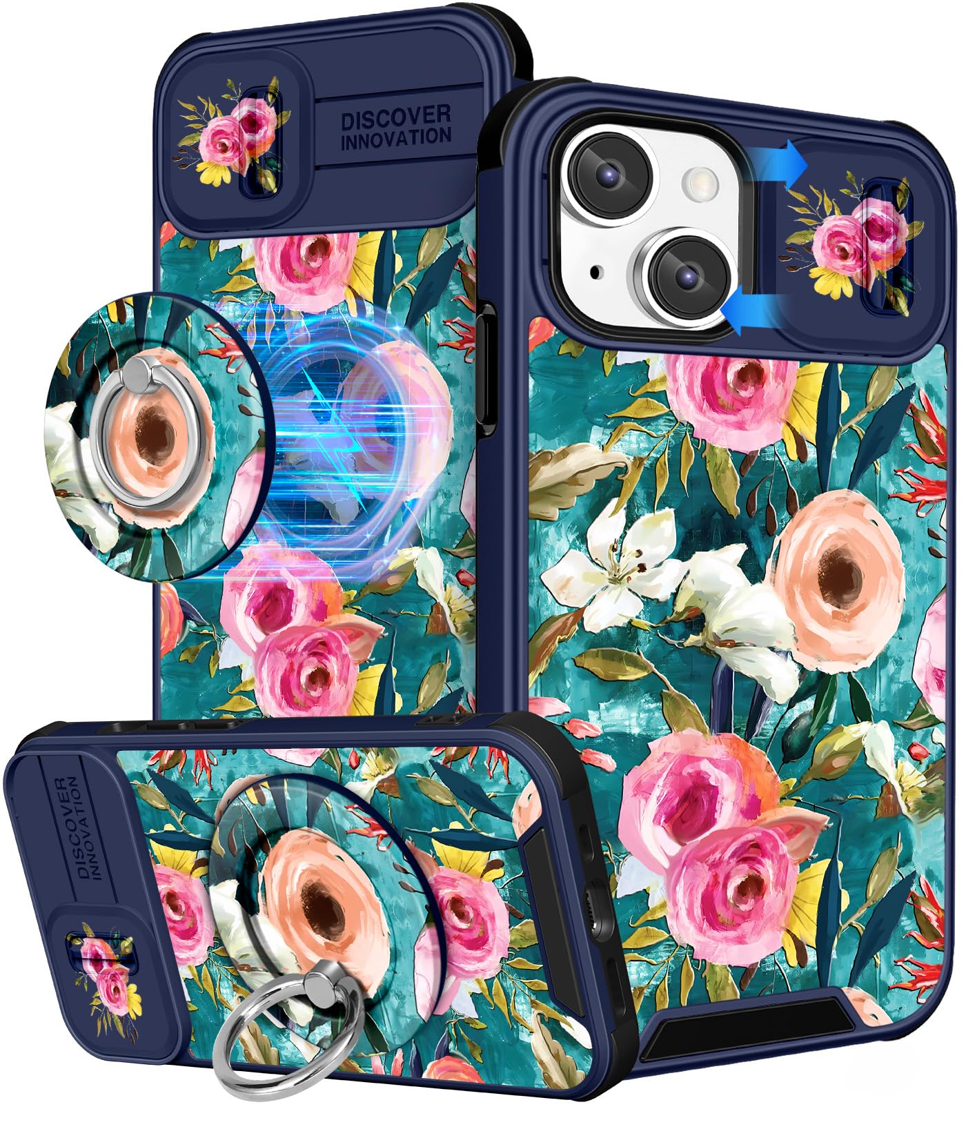 Buleens for iPhone 15 Case 6.1 Inch - with Ring Stand & Camera Cover Aesthetic Cute Designed for Women Girls Girly Pretty Lake Blue Flowers for Phone Case for iPhone 15 Compatible with Magsafe