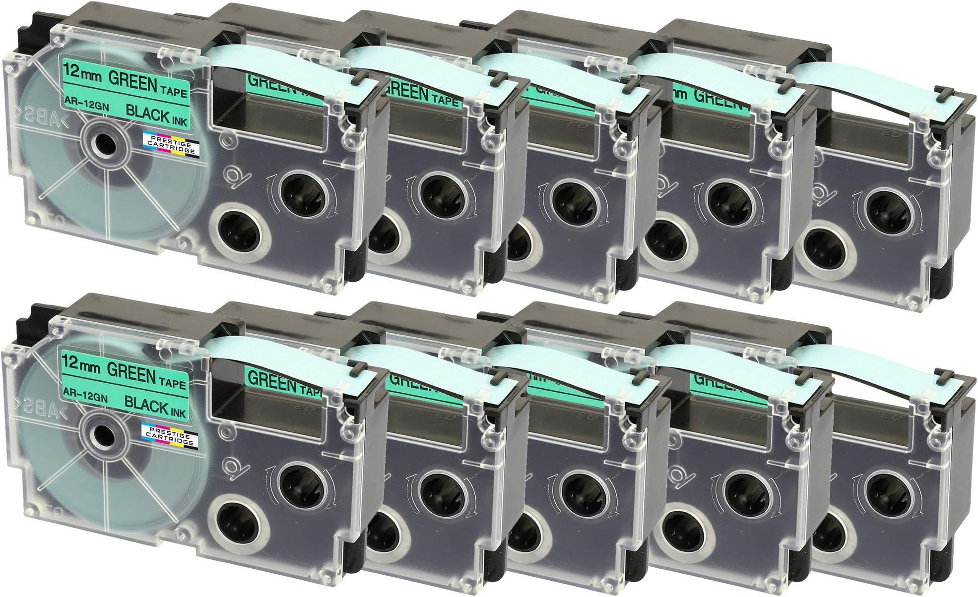 10 x Compatible Ribbon XR-12GN XR-12GN1 Black on Green Label Tapes (12mm x 8m) Replacement for Casio Label Printing Machines