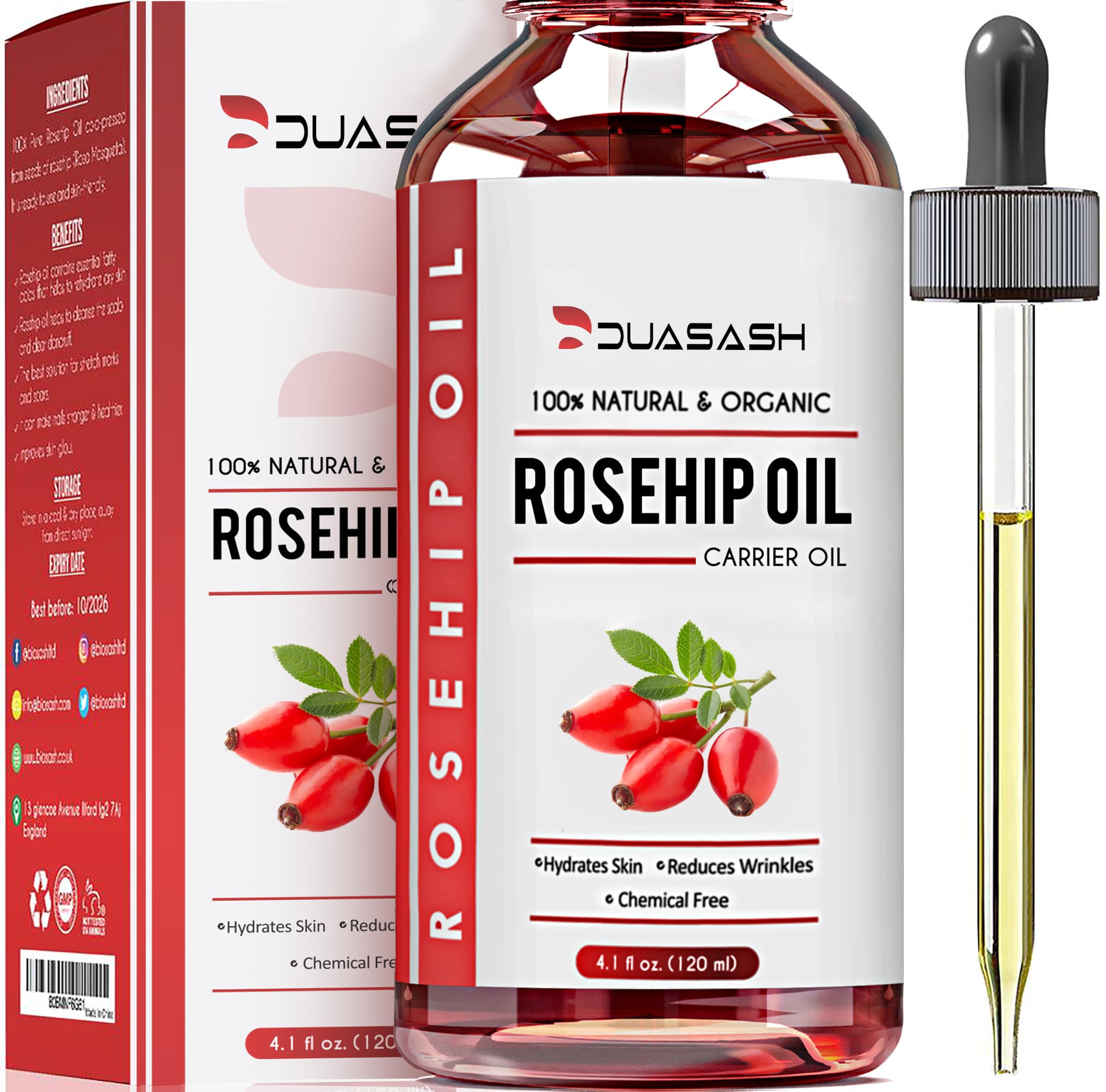 Duasash Rosehip Oil for Face, Skin 120ml, 100% Pure Cold Pressed Natural, Unrefined, Hydrating, Nourishing & Moisturising Carrier Oil, Organic Rose hip Seed Oil for Skin, Nails & Hair