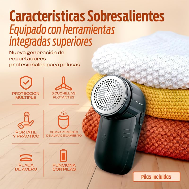 Removedor de fiapos elétrico portentum - removedor de pellets para roupas, lâminas de aço inoxidável. recipiente de fiapos removível. baterias incluídas. acessórios: escova de limpeza