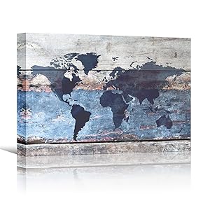 SIGNWIN Canvas Wall Art Blue, Navy-Red World Atlas...