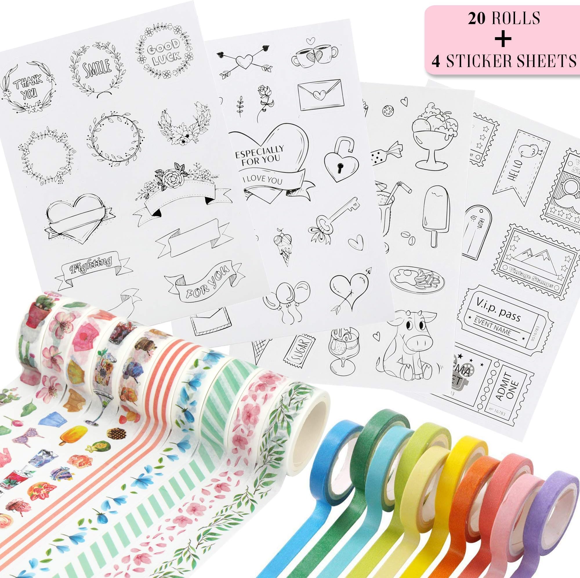 Washi Decorative Masking Tape & Bonus Stickers – Set of 20 Different Designs - Adhesive Rolls (15mm & 7mm) for Dot or Bullet Journals and Planners, Scrapbooking, DIY and Craft