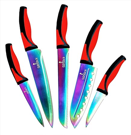 Küchen Messer Set | 5 Elegante Messer, Küchenchef Qualität, Premium SS Klingen mit ergonomischen Griffen, Rainbow Effekte mit