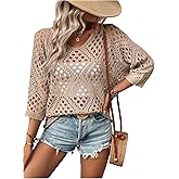 BEAUDRM Women's Hollow Out Crochet Knit Tops Y2k 3/4 Sleeve Pullover Summer Sweater Going Out Outfits