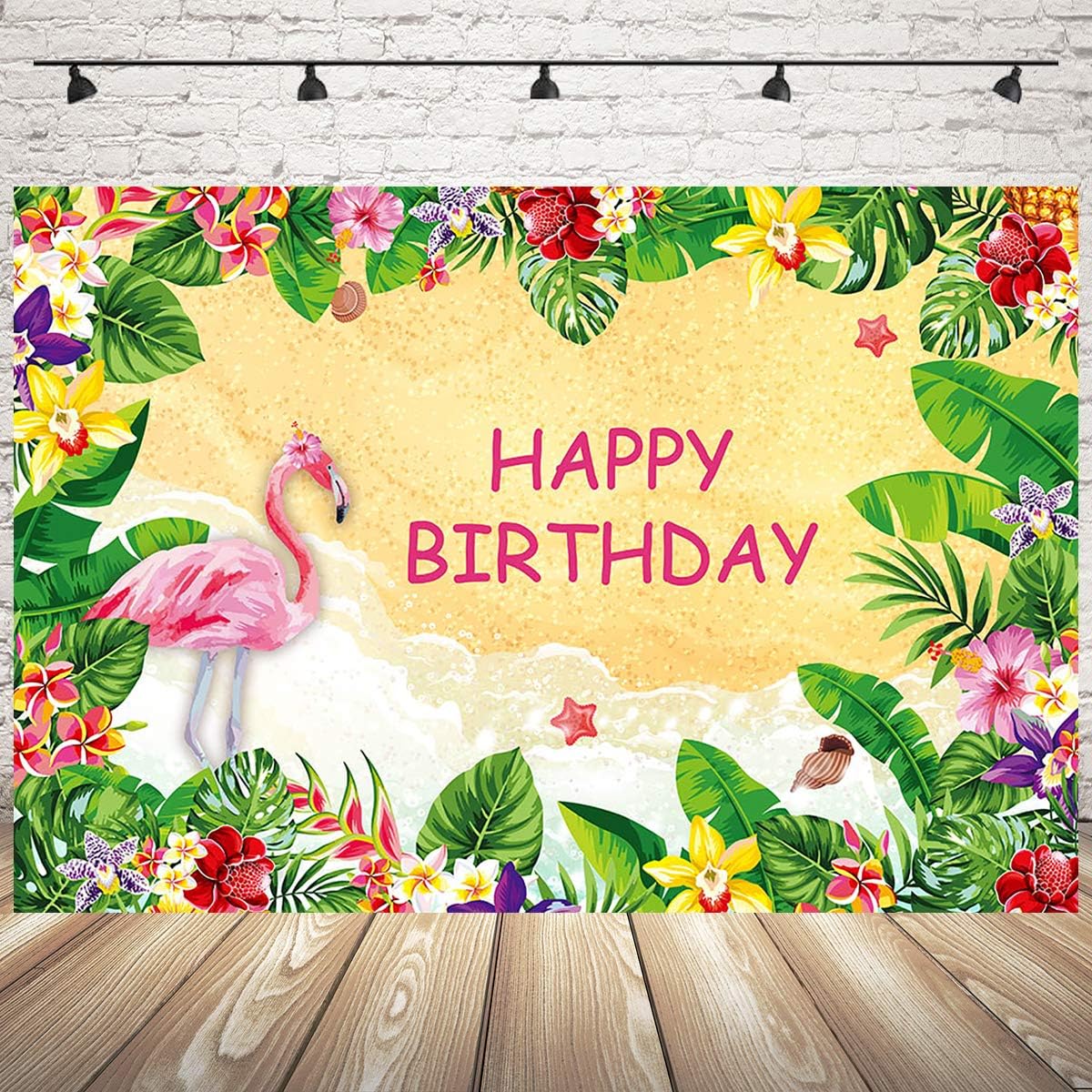 Mehofoto Tropical Flamingo Party Backdrop 7x5ft Vinyl Let's Flamingle Hawaiian Aloha Party Monstera Leaves Photo Backdrops Pink Flamingo Luau Birthday Cake Table Photography Background - Image 4