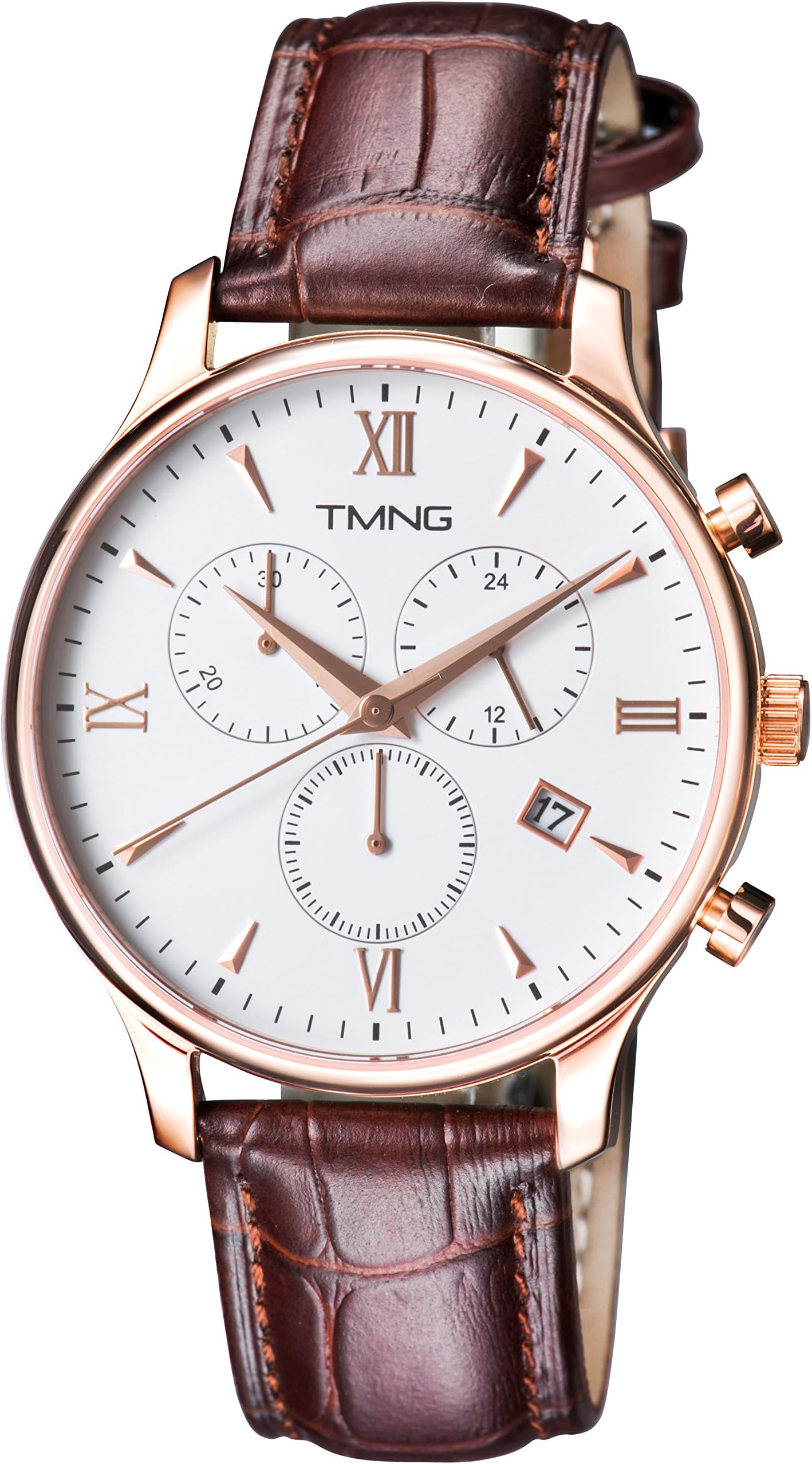 TMNG Men's Stainless Steel Analog Quartz Watch with Calfskin Leather Strap, Brown (Model: TM1002NG Rose Gold)