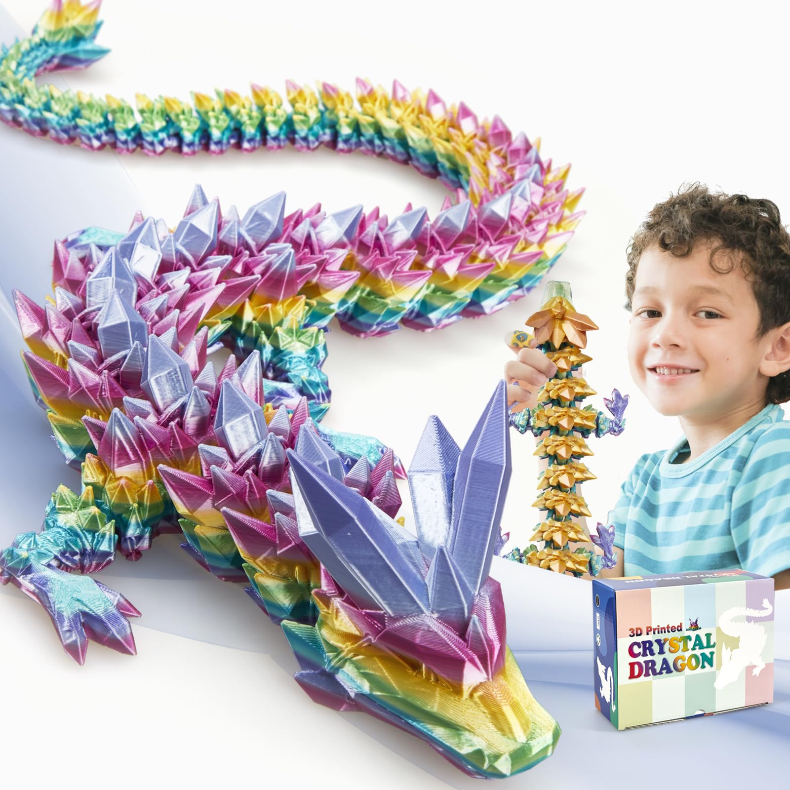meturebear Large 3D Printed Dragon,24 Inch 3D Dragon Toys,Bigger Fidget Crystal Animals Toys, 3D Printed Articulated Animals for Home Office Car Desk Decor（Rainbow