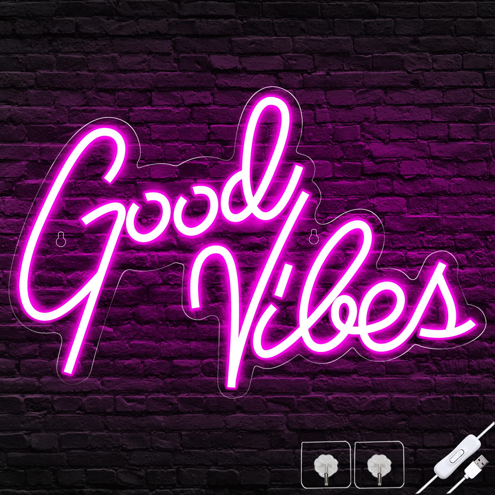 Good Vibes Neon Sign, Neon Signs for Wall Decor, Pink Neon Lights for Bedroom, led neon signs for Room & Party Decor, USB Powered Neon Lights Signs for Lover, Friends