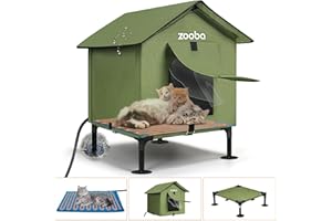 Zooba Heated Cat House for Outside Weatherproof: 3-in-1 Cat Shelter, Elevated Bed, Heating Pad Adjustable - Large Outdoor Insulated Feral CatHouse Waterproof - 2 Curtains Windproof in Winter 21x18x25