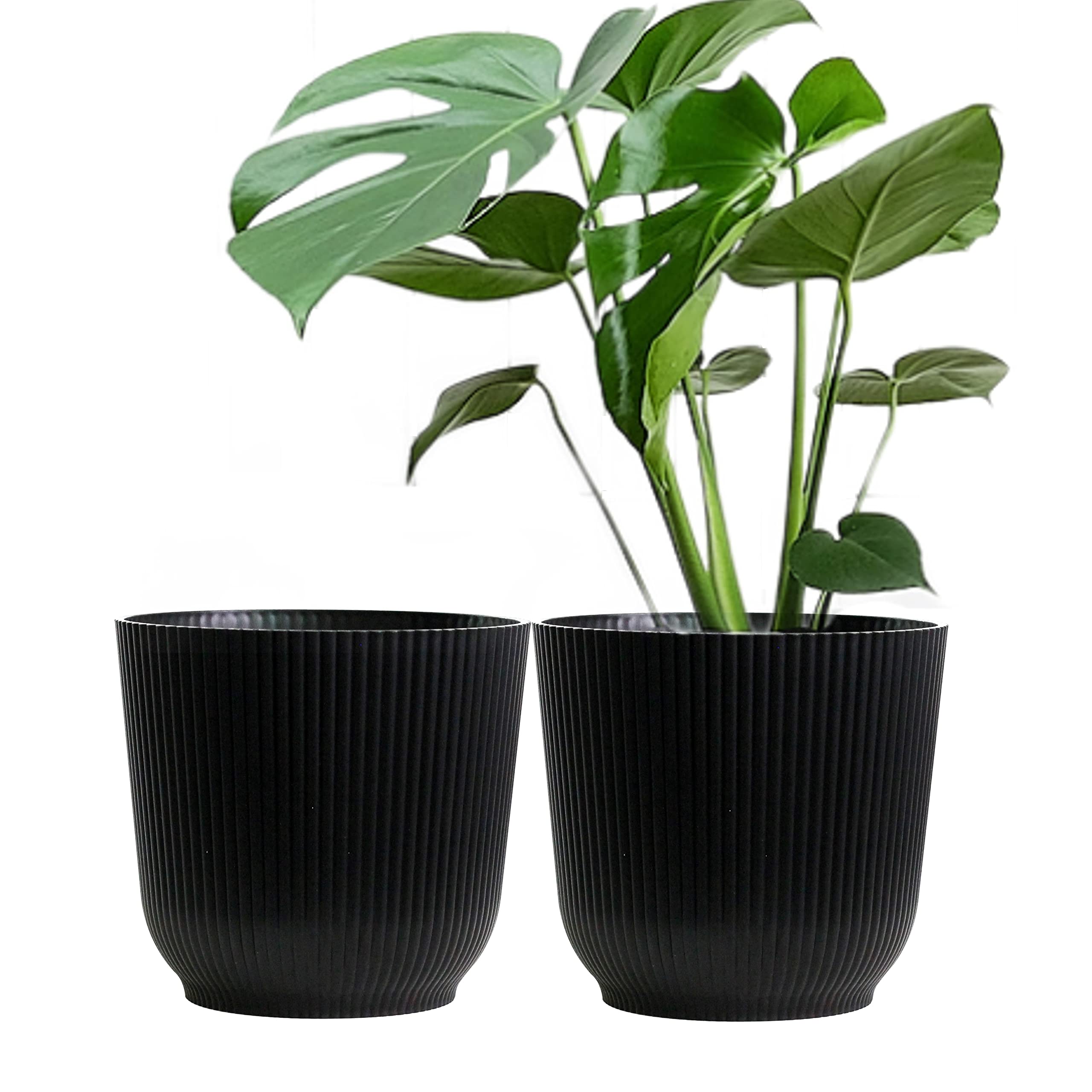 Olly & Rose Oxford Plant Pot Planter Plastic - Pack of 2 - Indoor and Outdoor Flower Pots for Garden and Home - Toughened Resin Plant Pots (Black, 22cm)