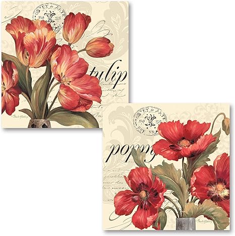 Amazon Co Jp フランスポストカードスタイルレッド ホワイト チューリップpoppies 2つ18 X 18プリントポスター ホーム キッチン