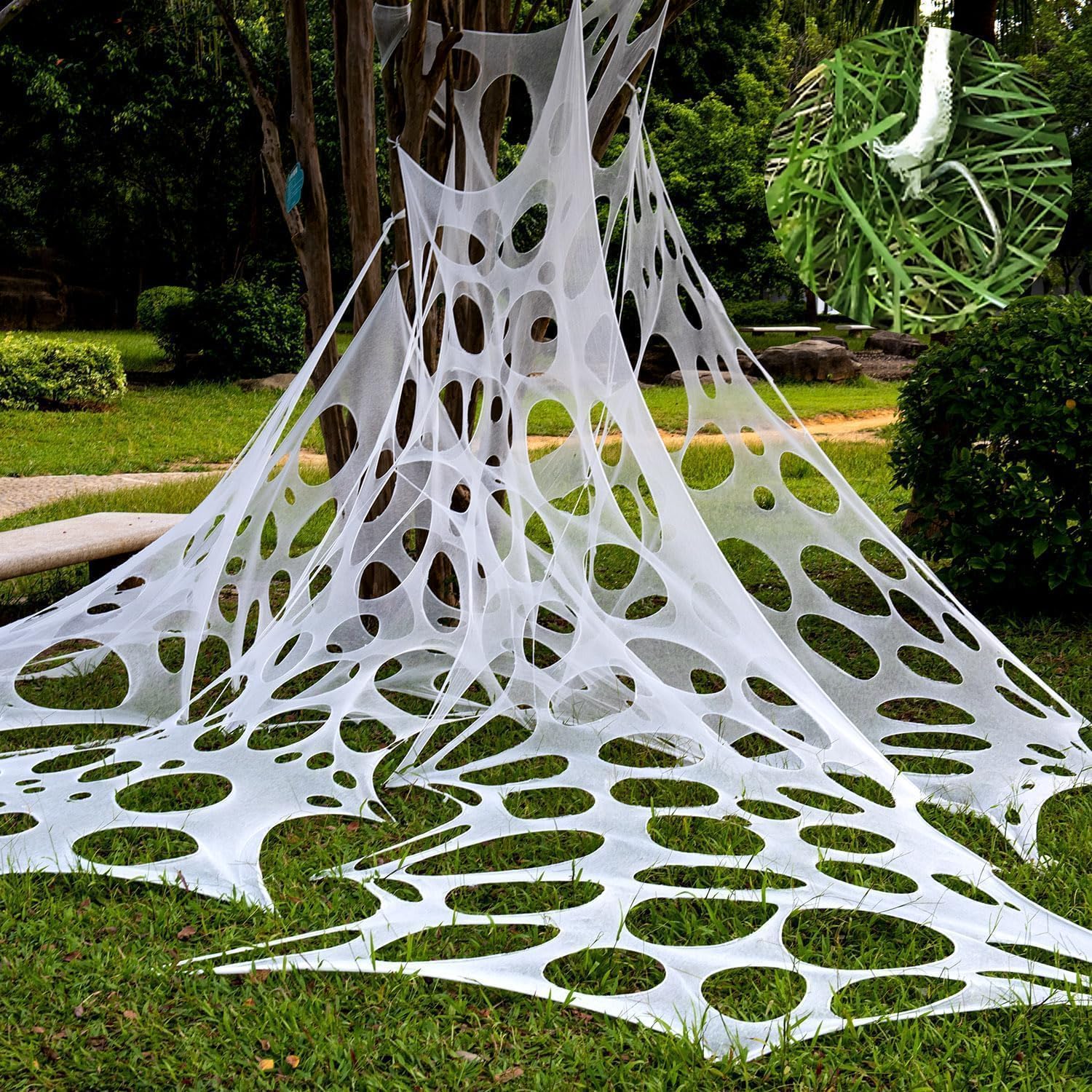 Photo 1 of 1000 Sqft?After Streched with Holes?Uncut Giant DIY Spider Web Halloween Decorations Outdoor with 10 Ground Nails Stretchy Beef Cloth Netting Cut-Your-Own Flexible Elastic for Yard Party Decor