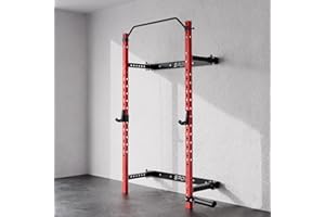 OutdoorVibe Foldable Wall Mounted Squat Rack, 1000LBS Capacity Folding Power Rack with Pull Up Bar, J Hook, Landmine, Folding Squat Rack for Garage&Home Gym
