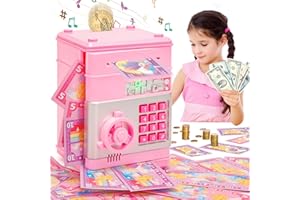 SevenQ Piggy Bank for Kids, Password Money Safe Coin Bank Money Box with Play Money Stickers, Music Electronic ATM Machine Password Auto Money Saving Box Money Bank Toys for Girls Gift