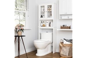 Meilocar Over The Toilet Storage Cabinet for Bathroom, Storage Organizer Over Toilet, Space Saver with Tempered Glass Doors, White