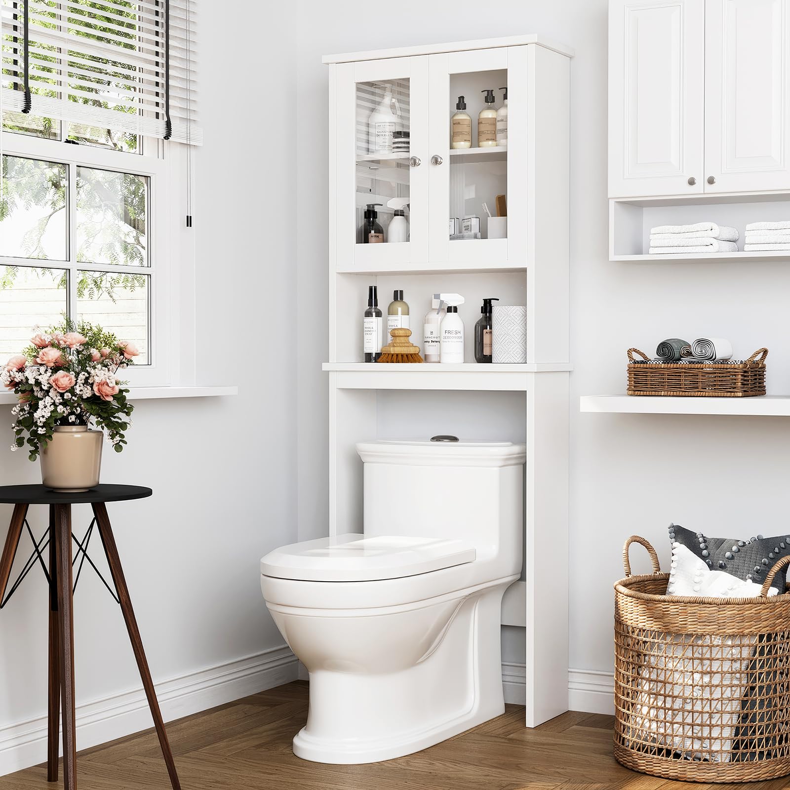Meilocar Over The Toilet Storage Cabinet for Bathroom, Storage Organizer Over Toilet, Space Saver with Tempered Glass Doors, White