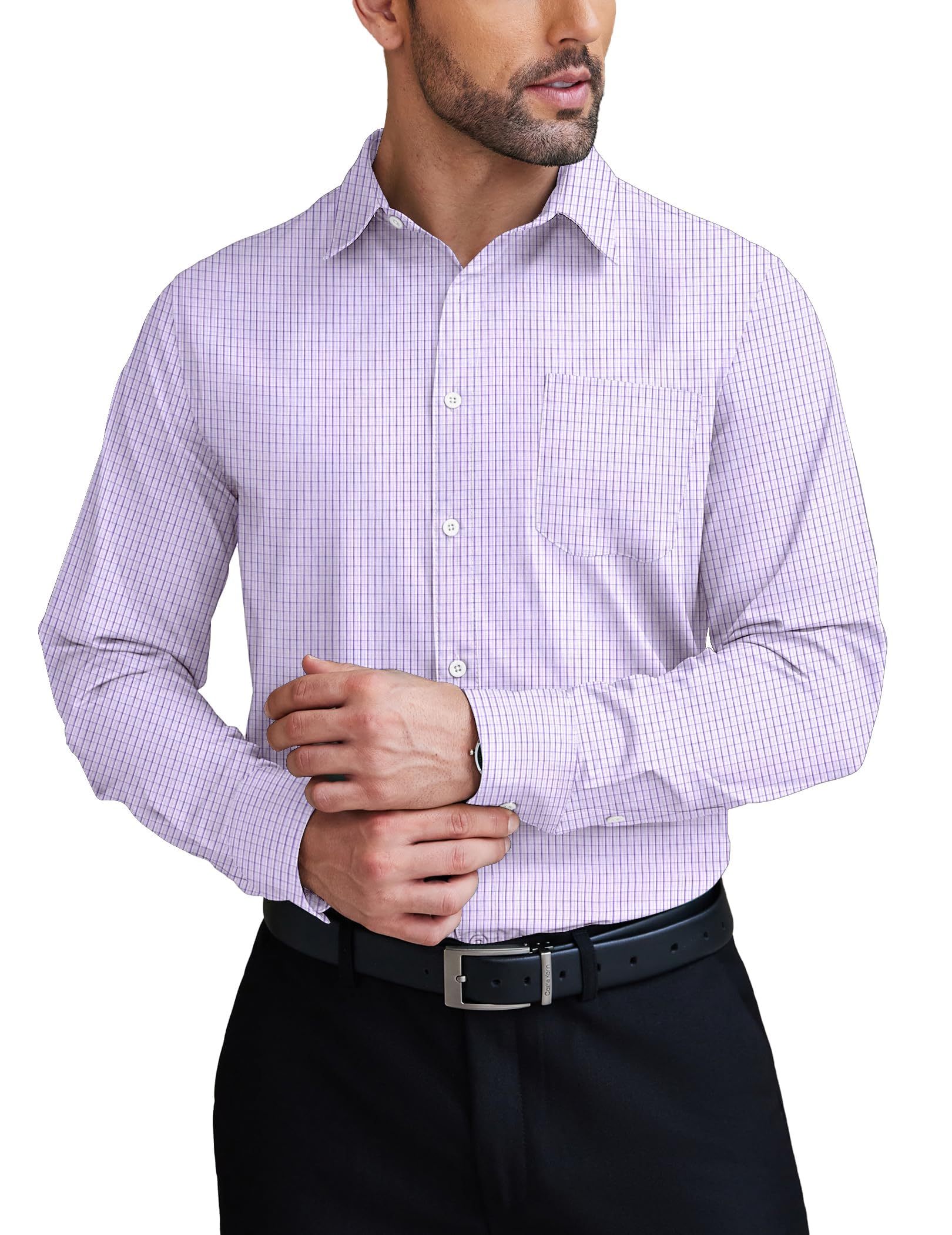 COOFANDY Mens Dress Shirts Regular Fit Long Sleeve Button Down Shirts Business Shirts Suit Shirt Purple Middle Plaid S Image