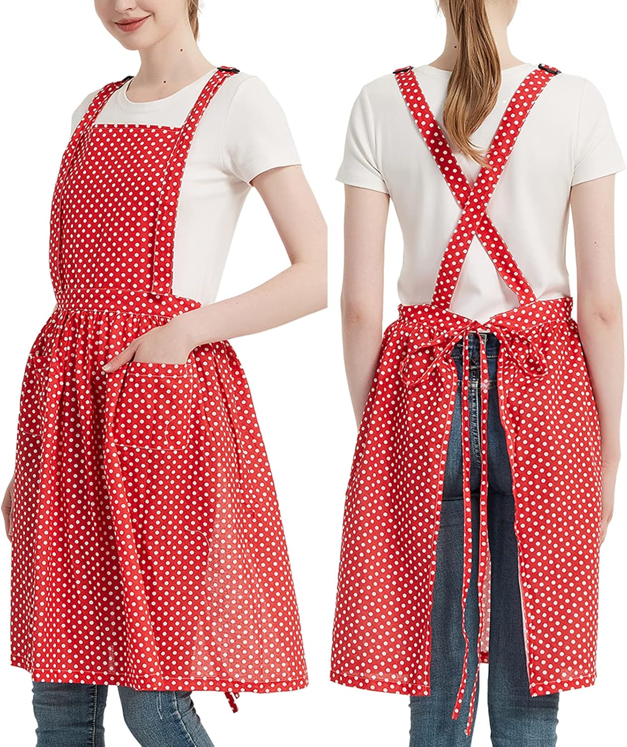 Cityelf Retro Adjustable Ruffle Apron with Pockets Vintage Lady’s Kitchen Fashion Pure Cotton