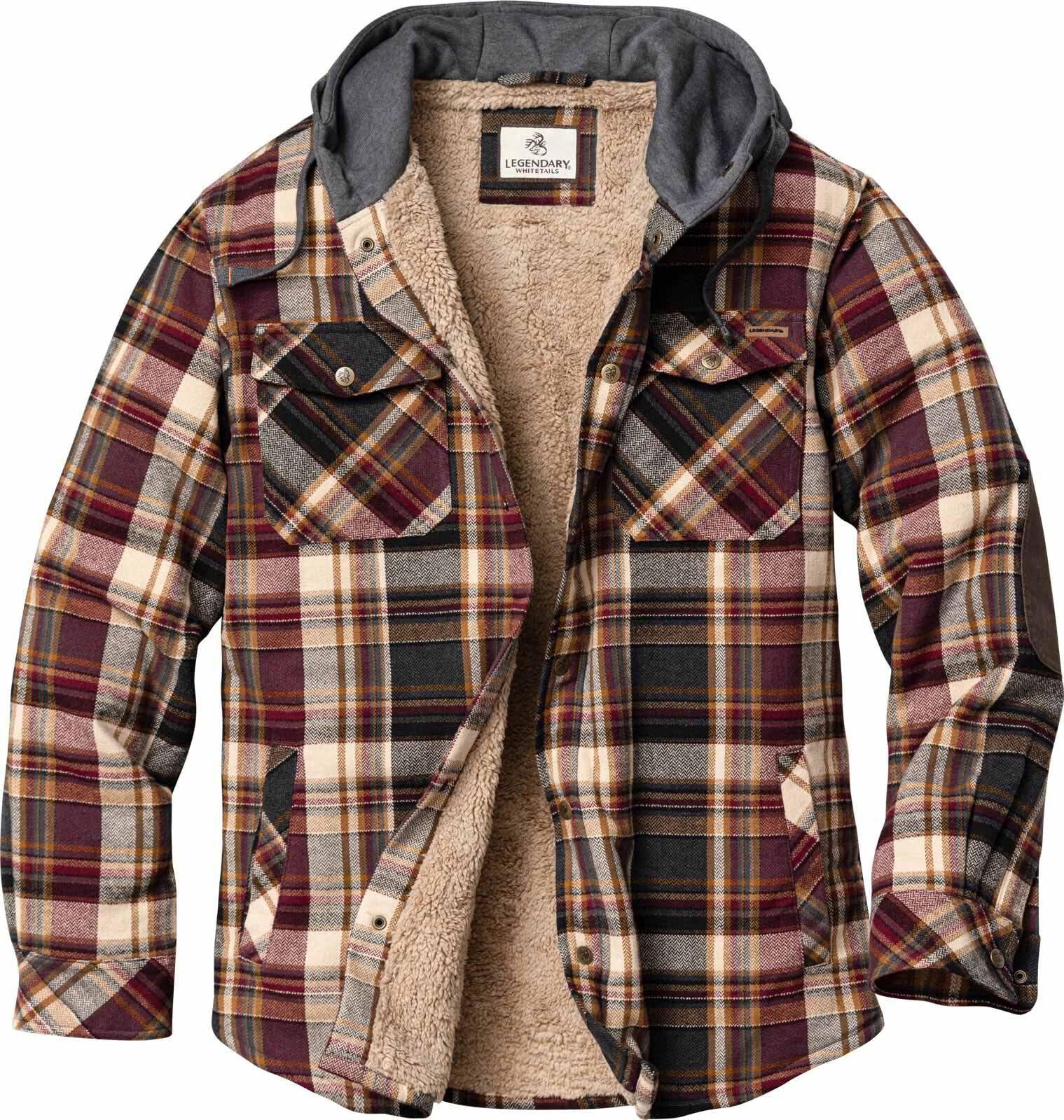 Legendary Whitetails Mens Hooded Shirt Jacket Plaid Flannel Berber Lined Polyfill Insulated, Cedarwood Cabin Plaid, SML Image