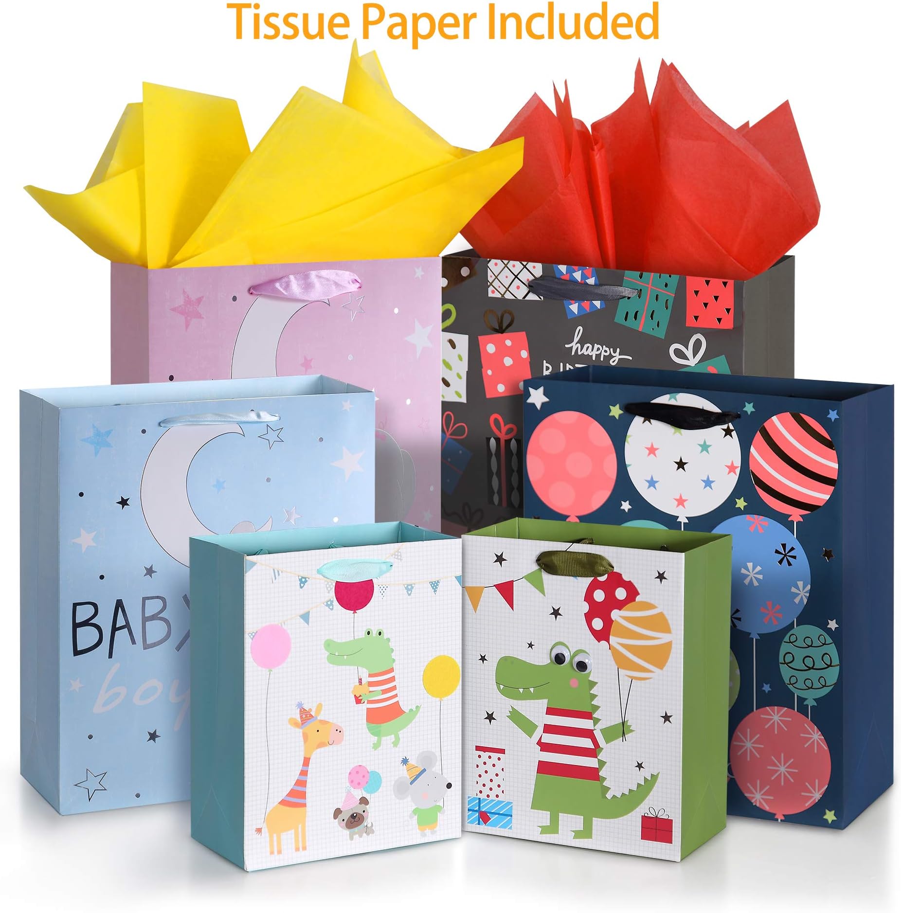 OMEYA Paper Gift Bags,13" Large Gift Bags and 9" Small Gift Bags with 12PCS Tissue Paper, for Birthday, Baby Shower,Parties, Wedding, Shopping and More-(Pack of 6; 2X 9",4X13")