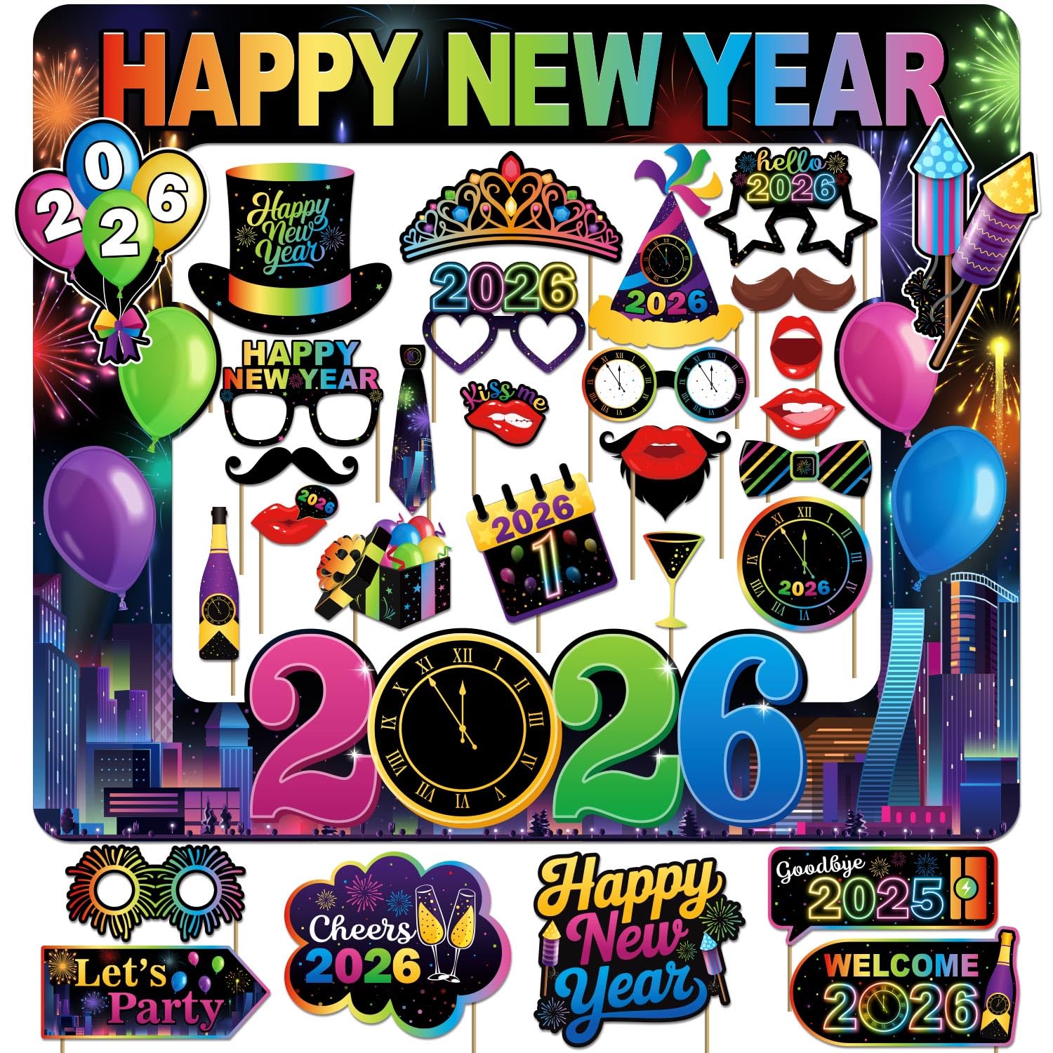 Photo 1 of 31pcs New Years Eve Party Supplies 2026 Colorful Photo Booth Props, Colorful New Years Decorations Photo Props with Frame, 2026 NYE Decorations Color ful