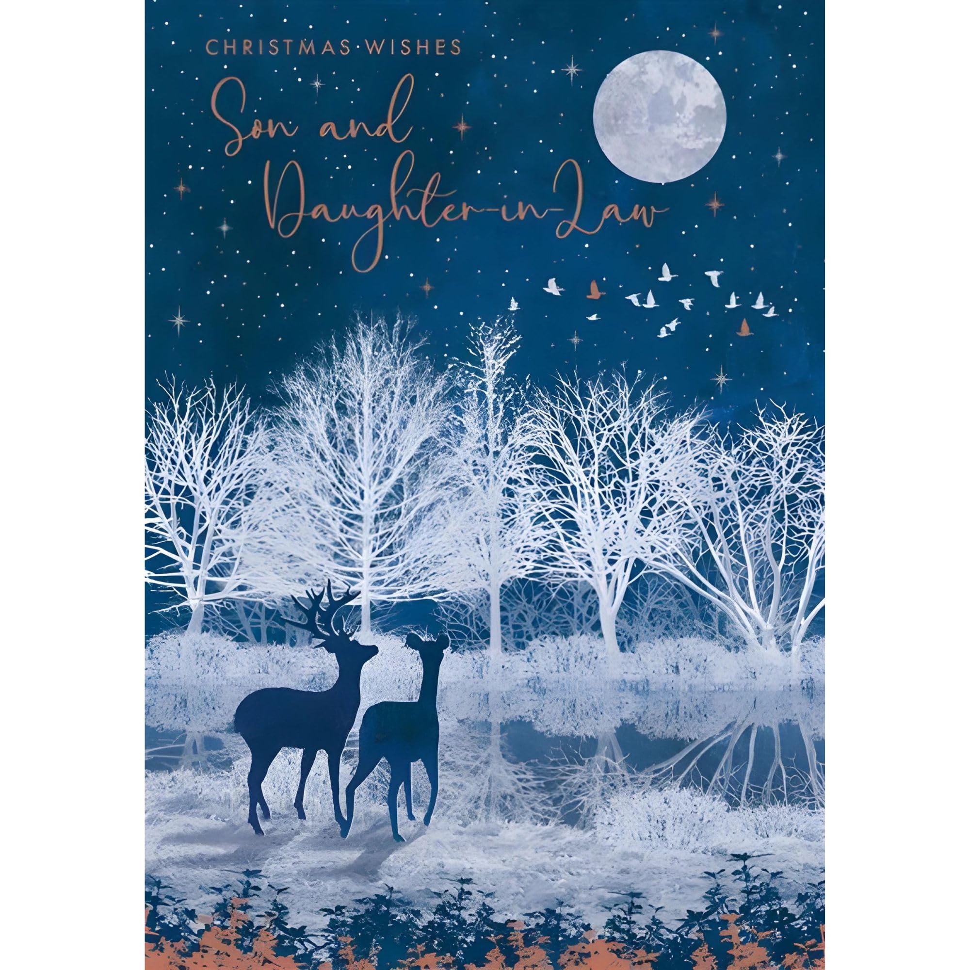 Nigel Quiney Christmas Card for Son & Daughter-In-Law - Festive Deer & Forest in the Snow - Copper & Silver Foil Finish - Premium Special Christmas Greeting Card with Envelope