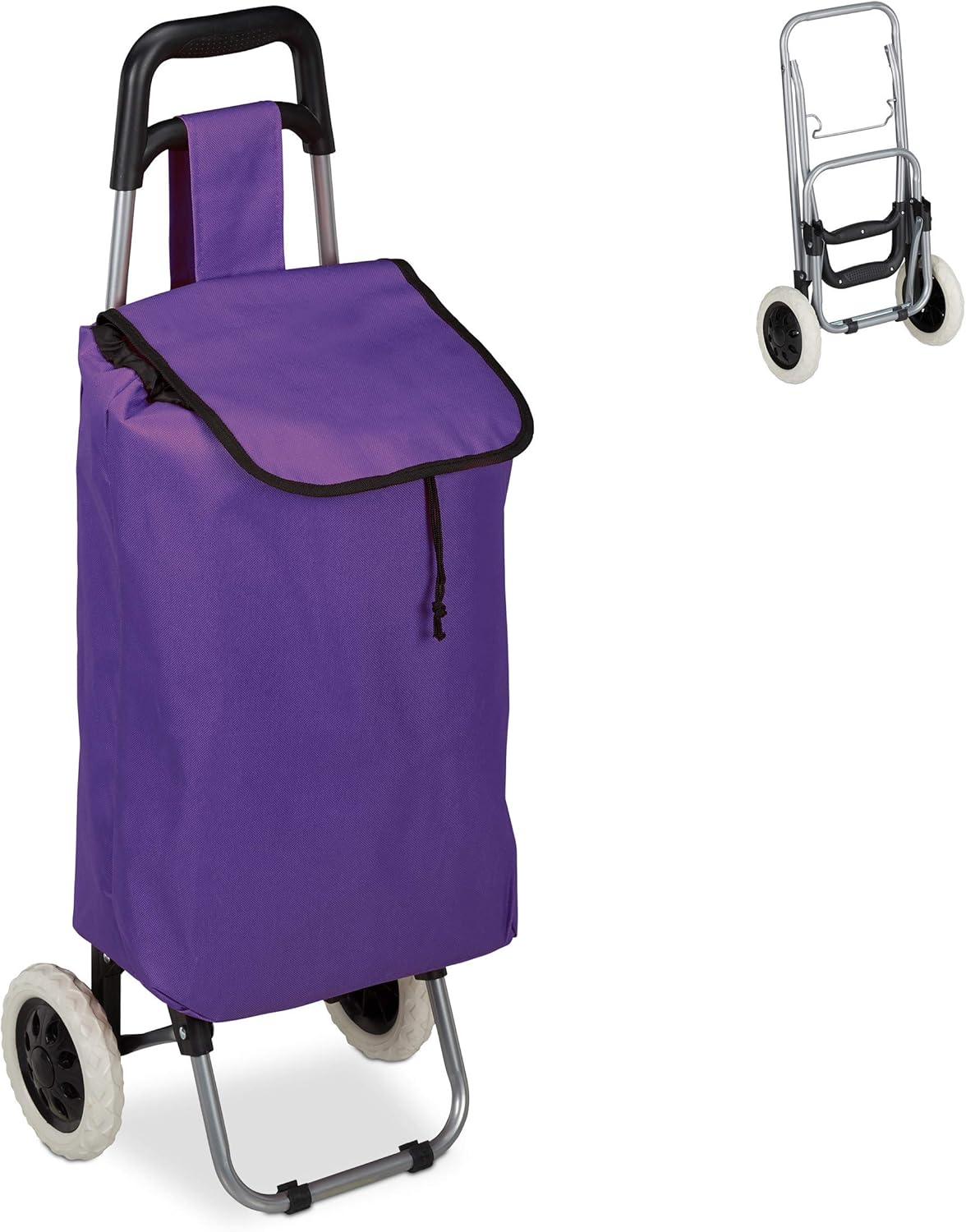 Relaxdays Shopping Trolley, Folding, 25 L Grocery Tote with Casters, 10 kg Capacity, 91 x 40 x 30 cm, Purple
