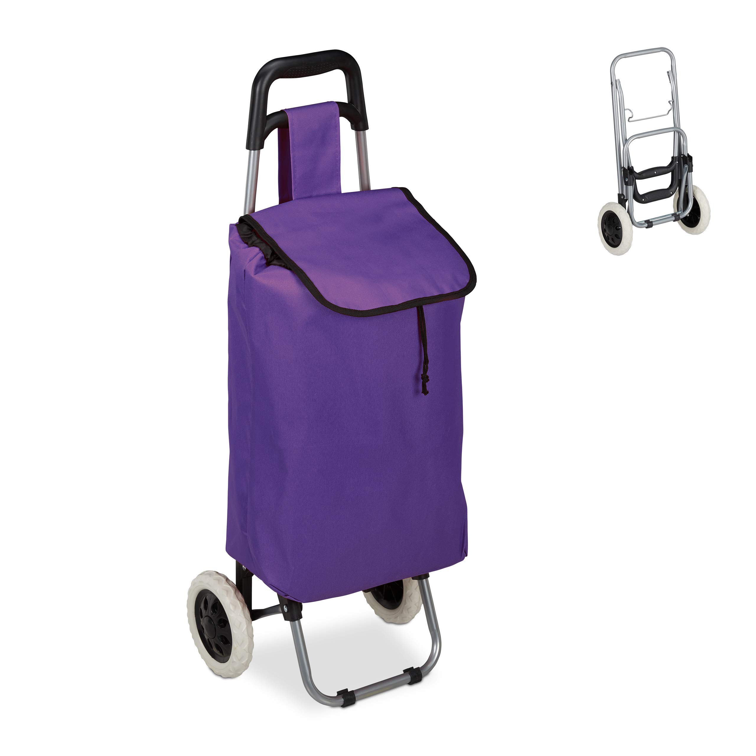 Relaxdays Shopping Trolley, Folding, 25 L Grocery Tote with Casters, 10 kg Capacity, 91 x 40 x 30 cm, Purple