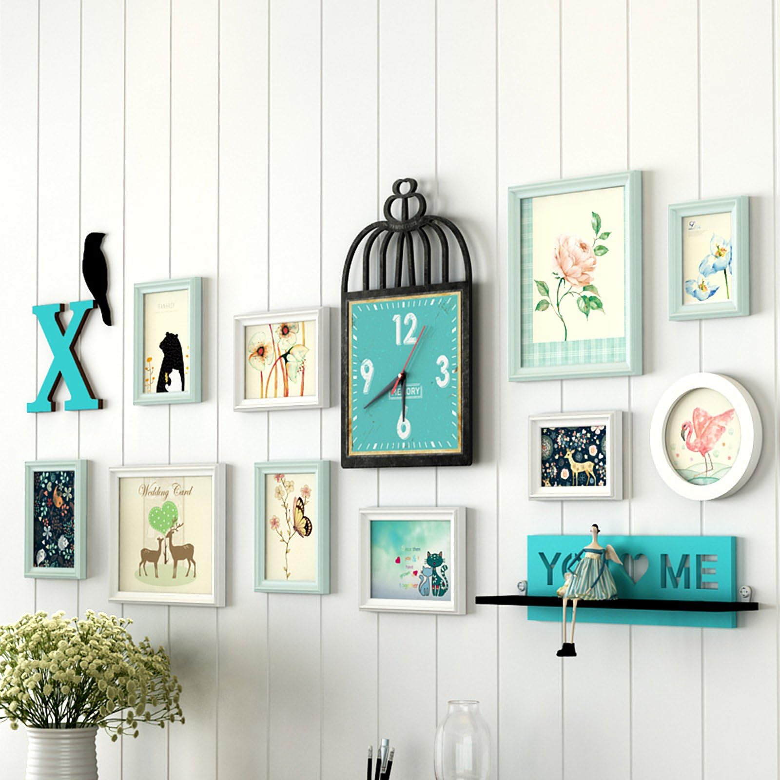 WollWoll Bird Cage Wooden Clock with You ME Wall Shelf Turquoise Synthetic Wood Photo Frame (160 cm x 1.6 cm x 67 cm, Set of 13)