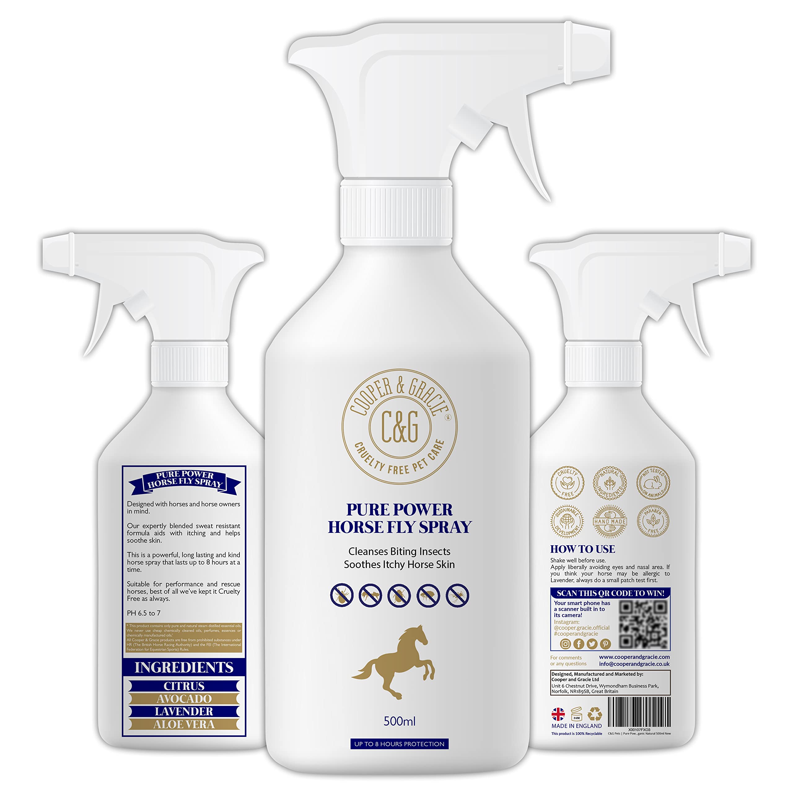 Pure Power Horse Fly Spray 500ml – 8-Hour Sweat-Resistant Citronella Spray by Cooper and Gracie | Soothes Itchy Skin, Hydrates & Repels Biting Insects | Organic & Natural